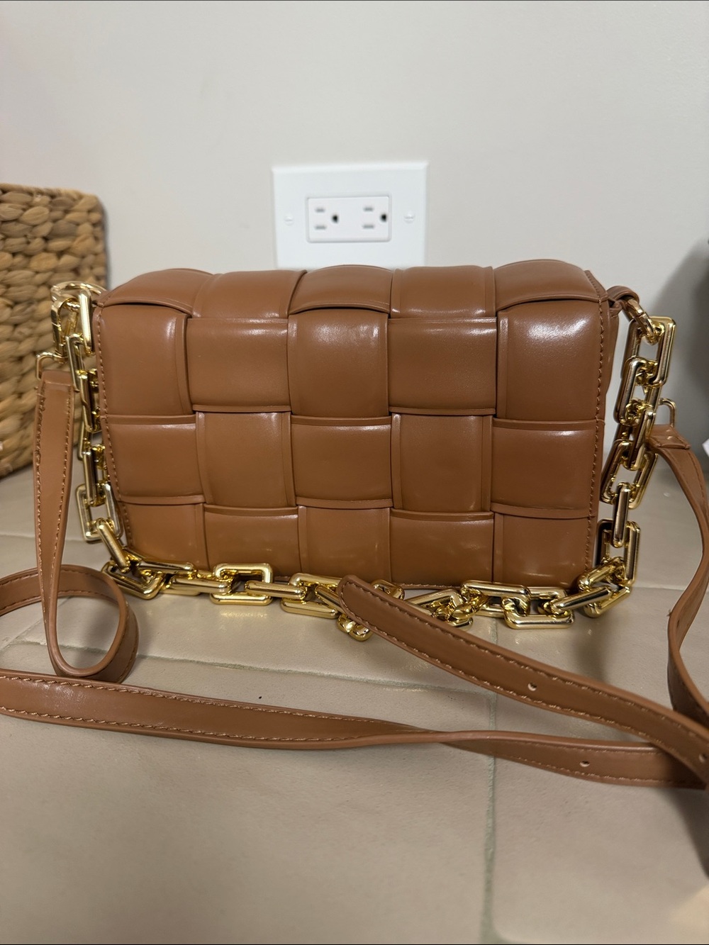 Woven Leather Crossbody Bag in Tan with Gold Chain